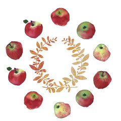 Traditional Russian fruits are apples. Watercolor rustic wedding image of red apple. Natural watercolor splash painting texture. Wedding card, greeting cards, creation of hipster label.