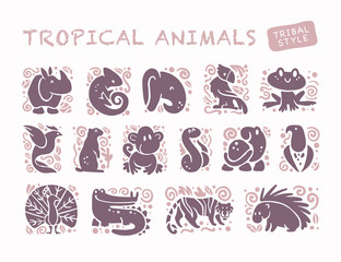 Vector collection of flat cute animal icons isolated on white background. Tropical animals and birds tribal symbols. Hand drawn emblems. Perfect for logo design, infographic, prints etc.