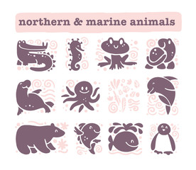 Vector collection of flat cute animal icons isolated on white background. Northern and marine animals and birds symbols. Hand drawn emblems. Perfect for logo design, infographic, prints etc.