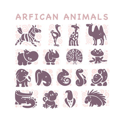 Vector collection of flat African cute animal icons isolated on white background. Tribal style animals and birds symbols. Hand drawn emblems. Perfect for logo design, infographic, prints etc.