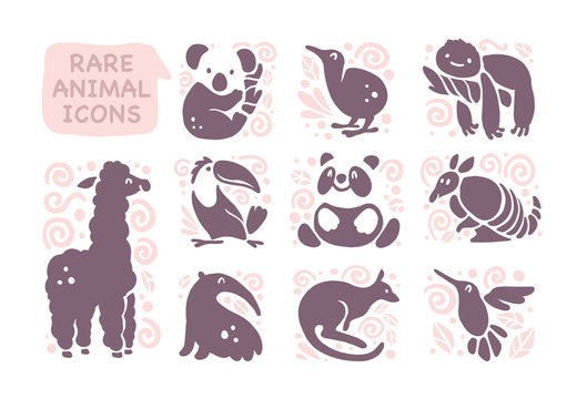 Vector collection of flat cute animal icons isolated on white background. Rare animals and birds symbols. Hand drawn exotic tropic animal emblems. Perfect for logo design, infographic, prints etc.