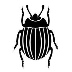 Black silhouette of the Colorado beetle with a head, paws, trunk and stripes. View from above.