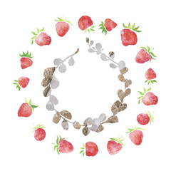 Watercolor strawberries, wedding  rustic framed wreath , rural restaurant banner background with natural watercolor splash painting texture. Wedding card, greeting cards, creation of hipster label.