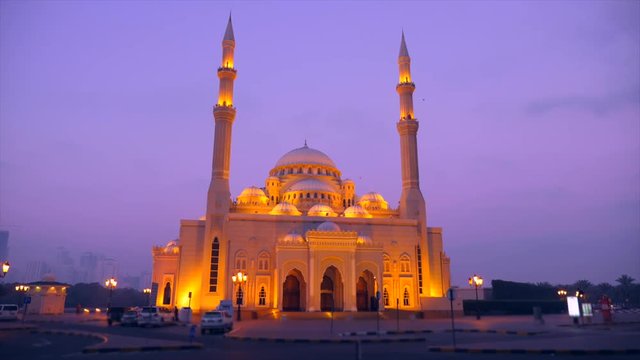 Al Noor mosque in Sharjah front view. Locked down shot night scene in Arabia.