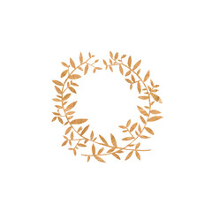 Golden wedding rustic wreath , rural restaurant banner background with natural gold foil textures. For wedding card, greeting cards and creation of hipster labels and natural eco and bio shops.