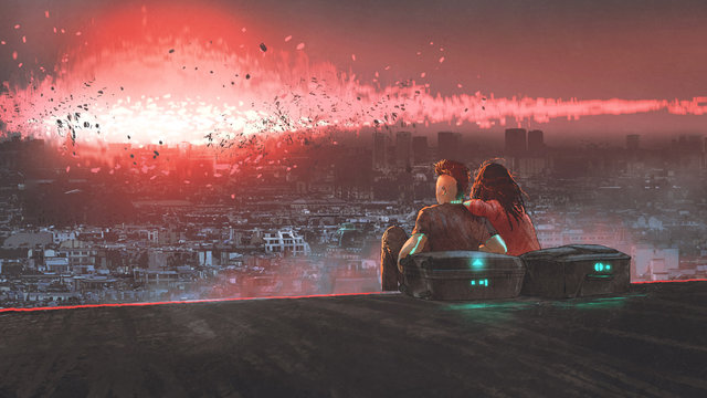 end of world concept showing a young couple looking at nuclear explosion destroying city, digital art style, illustration painting