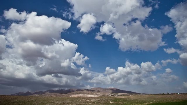 Nakchivan Semi-Desert Landscape. Time Lapse Zoomin To Hills. Cumulus Clouds