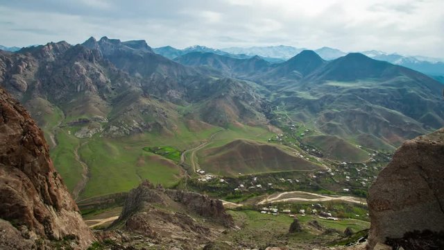 Nahchevan Village Top View. Zoomin From Ancient Castle To Caucasus Mountains