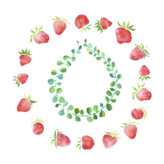 Watercolor strawberries, wedding  rustic framed wreath , rural restaurant banner background with natural watercolor splash painting texture. Wedding card, greeting cards, creation of hipster label.