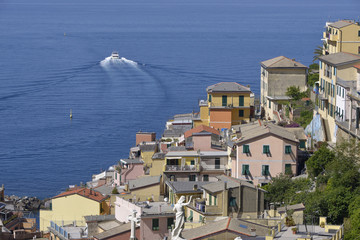 Village of Riomaggiore, a comune in the province of La Spezia, situated in a small valley in the Liguria region of Italy.