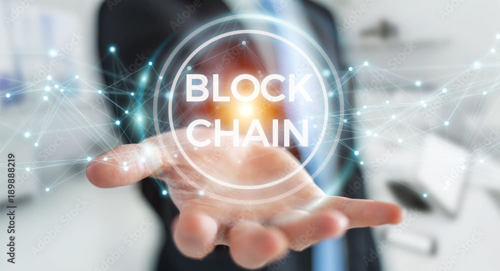 Poster Businessman using blockchain cryptocurrency interface 3D rendering