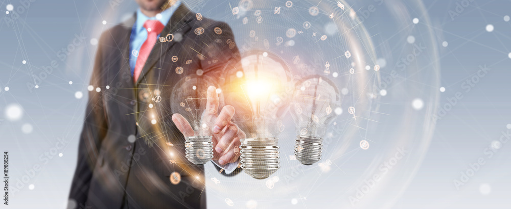 Poster businessman connecting modern lightbulbs with connections 3d rendering