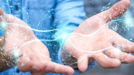 Fototapeta premium Businessman using digital network connection sphere 3D rendering