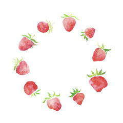 Watercolor strawberries, wedding  rustic framed wreath , rural restaurant banner background with natural watercolor splash painting texture. Wedding card, greeting cards, creation of hipster label.