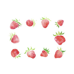 Watercolor strawberries, wedding  rustic framed wreath , rural restaurant banner background with natural watercolor splash painting texture. Wedding card, greeting cards, creation of hipster label.