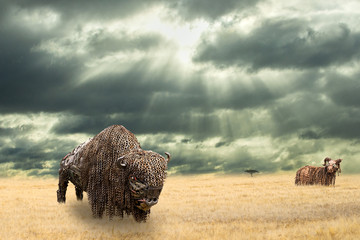 Buffle de fer fait de ferraille marchant dans une prairie sèche surveillé par un bélier sauvage à distance. Paysage de plaine ouvert avec bison d& 39 Amérique