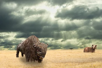 Fotobehang IJzerbuffel gemaakt van ijzerschroot, wandelend in een droge prairie, van afstand bekeken door een wilde ram. Open vlakte met Amerikaanse bizons © vlad
