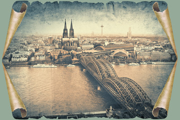 Kölner Dom und Hohenzollernbrücke  in alter Darstellung auf Papierrolle