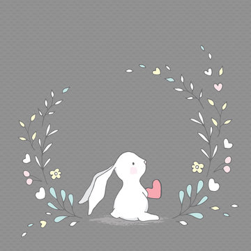Vector Greeting Card. Cute Rabbit with Heart. Gray seamless patterns are included