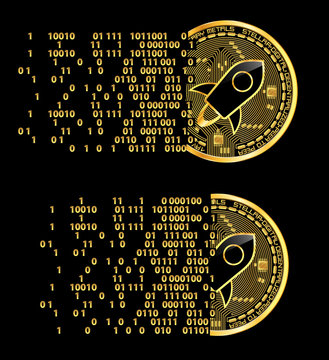 Set of crypto currency golden coins with black lackered stellar symbol on obverse isolated on black background. Vector illustration. Use for logos, print products, page and web decor or other design.