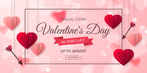 Vector romantic template of sale horizontal banner for Valentine’s Day with red and pink realistic paper hearts, arrows, ribbon and frame. Holiday blur background for discount and special offers.