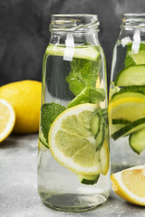 Detox drink with cucumber, lemon and mint on a gray background