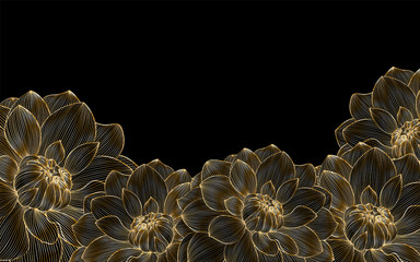 Stylish background with gold flowers dahlias drawn by hand.