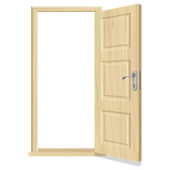 Open door. Realistic wooden door