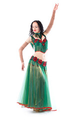 Fototapeta premium Beautiful Belly Dance girl in green baladi costume traditional dancing wear