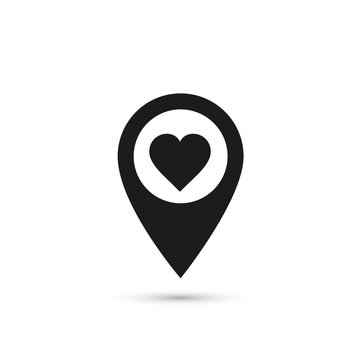 Map pointer with heart icon, location pin vector isolated symbol