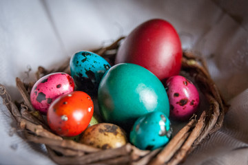 Fototapeta na wymiar eggs of different colors in a small nest for Easter