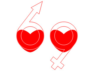 Hearts, male and female symbols as 69
