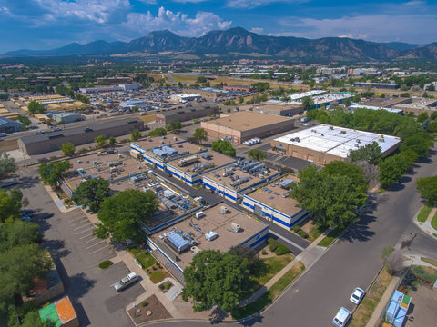 Aerial Drone video of industrial area near downtown Boulder, Colorado
