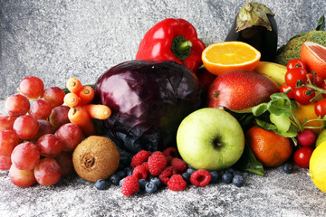 Composition with variety of raw organic vegetables and fruits. Balanced diet