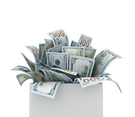 one hundred dollars bills in box isolated, 3d illustration