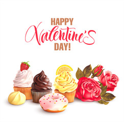 Valentine’s Day background with roses and sweets. Vector illustration.