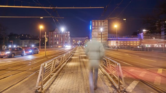 Hannover street view at winter evening. Time lapse. 4K.