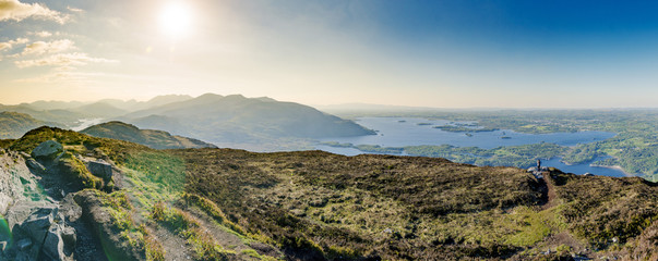Sunny landscape panorama form top of the Torc mountain in Ireland