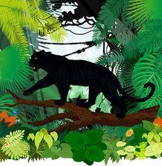 Panele Szklane  vector black panther leopard jaguar in jungle rainforest