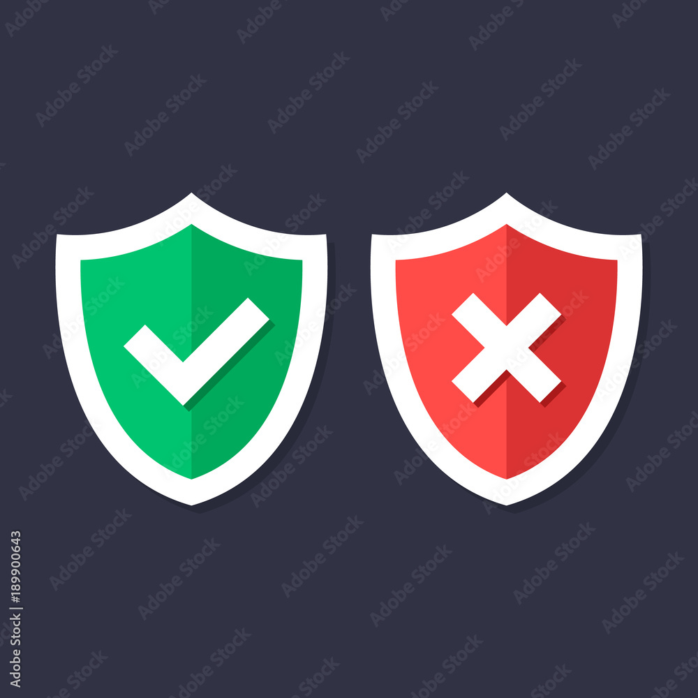 Poster shields and check marks icons set. red and green shield with checkmark and x mark. protection, safet