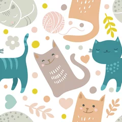 Stof per meter naadloze patroon met hand tekenen getextureerde katten in grafische doodle stijl. Gekleurde eindeloze achtergrond. © tinkerfrost