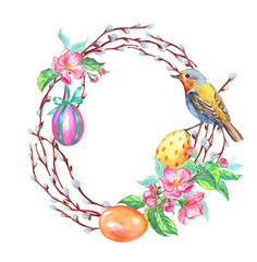 Easter frame of willow branches, apple blossoms, eggs and birds, watercolor painting on white background isolated.