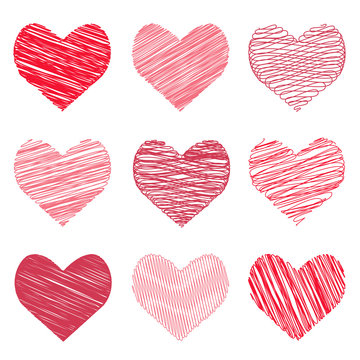 Vector illustration of a collection hand-drawn image in the hearts form for Valentine's Day. Red hearts doodles.
