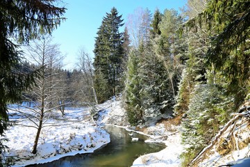 beautiful winter river landscape in the forest on a sunny day