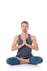 Fototapeta premium Adult man with naked torso doing exercise on white background
