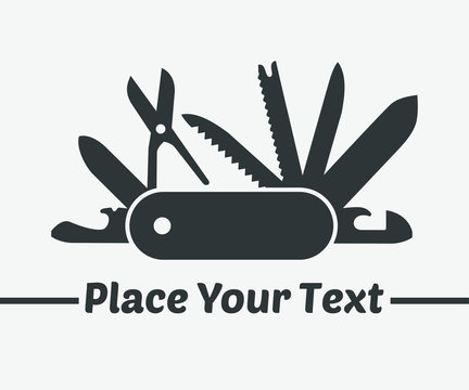 Swiss folding knife flat icon vector with place for your text; Folding army knife; multi-tool instrument sign vector isolated;
