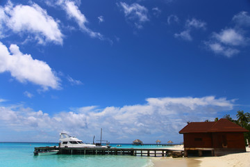 pier on a tropical island with a blue sky on a sunny day