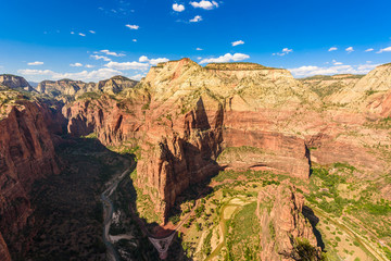 Wide angle panorama view of Zion Canyon, with the virgin river, Angels Landing Trail, Zion National Park, Utah, USA