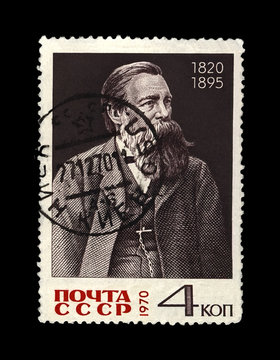Friedrich Engels (1820-1895), famous politician leader, circa 1970. canceled vintage postal stamp of USSR isolated on black background.