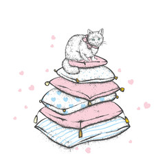 A cat on pillows with hearts. Valentine's Day, love and friendship. Illustration for a postcard or a poster.